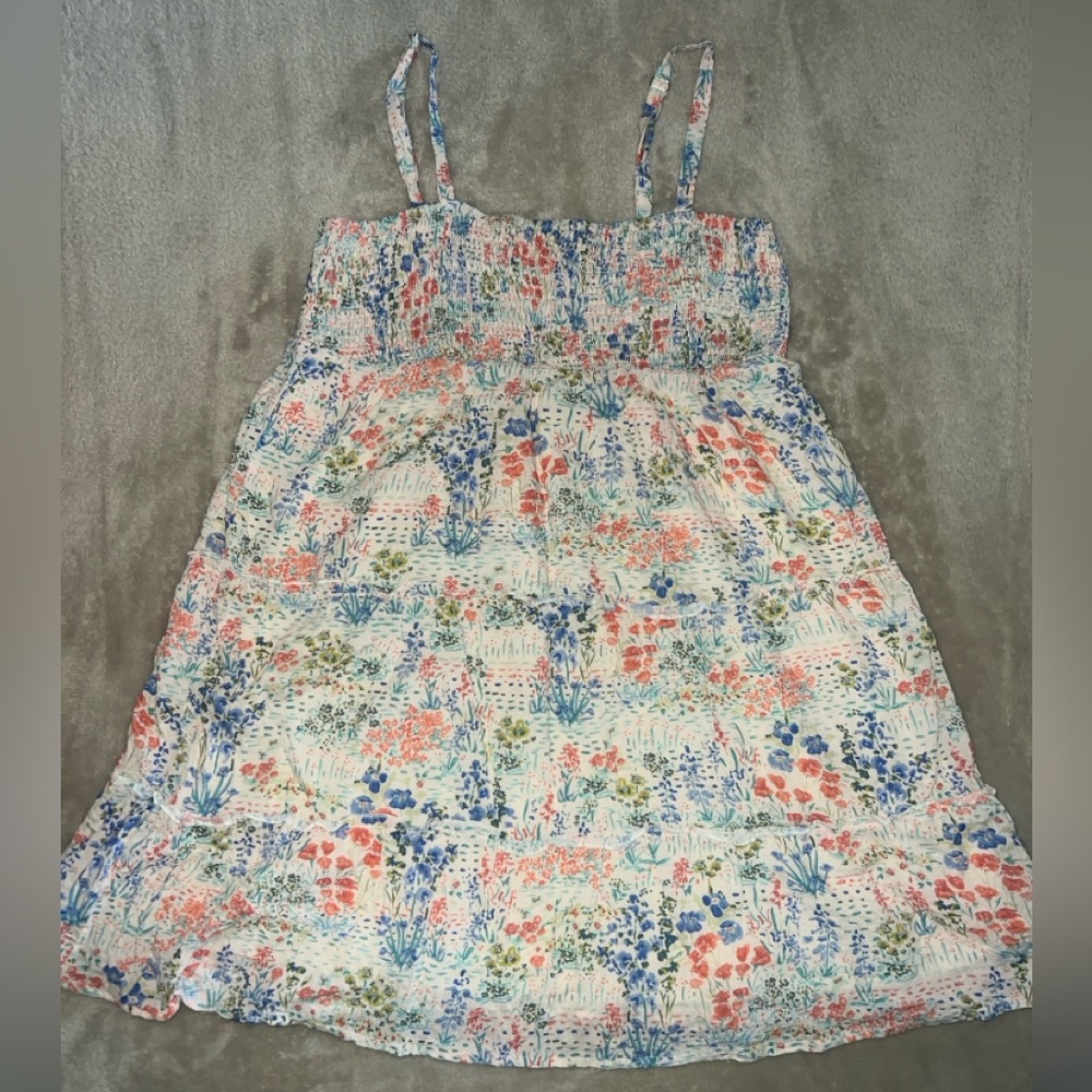 LOVE RICHE Cream Colorful Floral Smocked Top Mini Dress